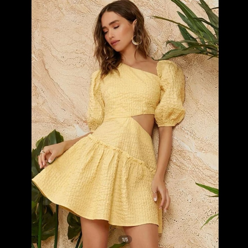 Asymmetrical Neck Lantern Sleeve Cutout Waist Dress